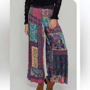 NATURAL LIFE M Patchwork palazzo pants in Teal, Pink & Brown